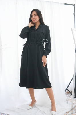 Zendaya Dress Baju Hamil Menyusui Katun Outfit Muslim Lengan Panjang Formal Casual Simpel - DRO 1029 HITAM